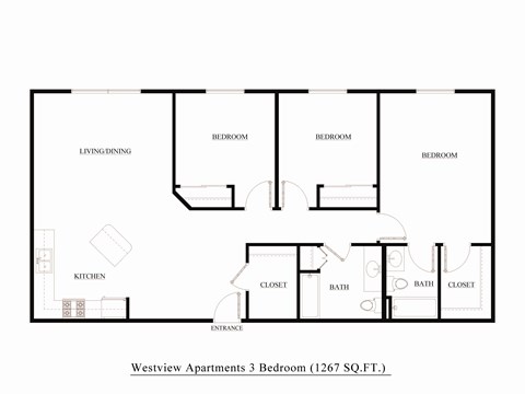 Floor plan for 3 beds, 2 baths, 1267 sqft